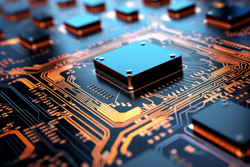 Semiconductors circuit board with glowing traces around a processor