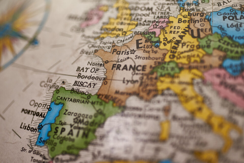 close-up of a map of Europe