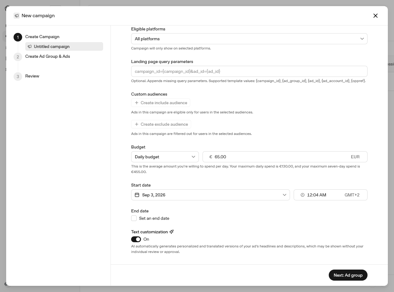 Budget, date e personalizzazione del testo Budget, date di inizio e fine e l'interruttore Text customization