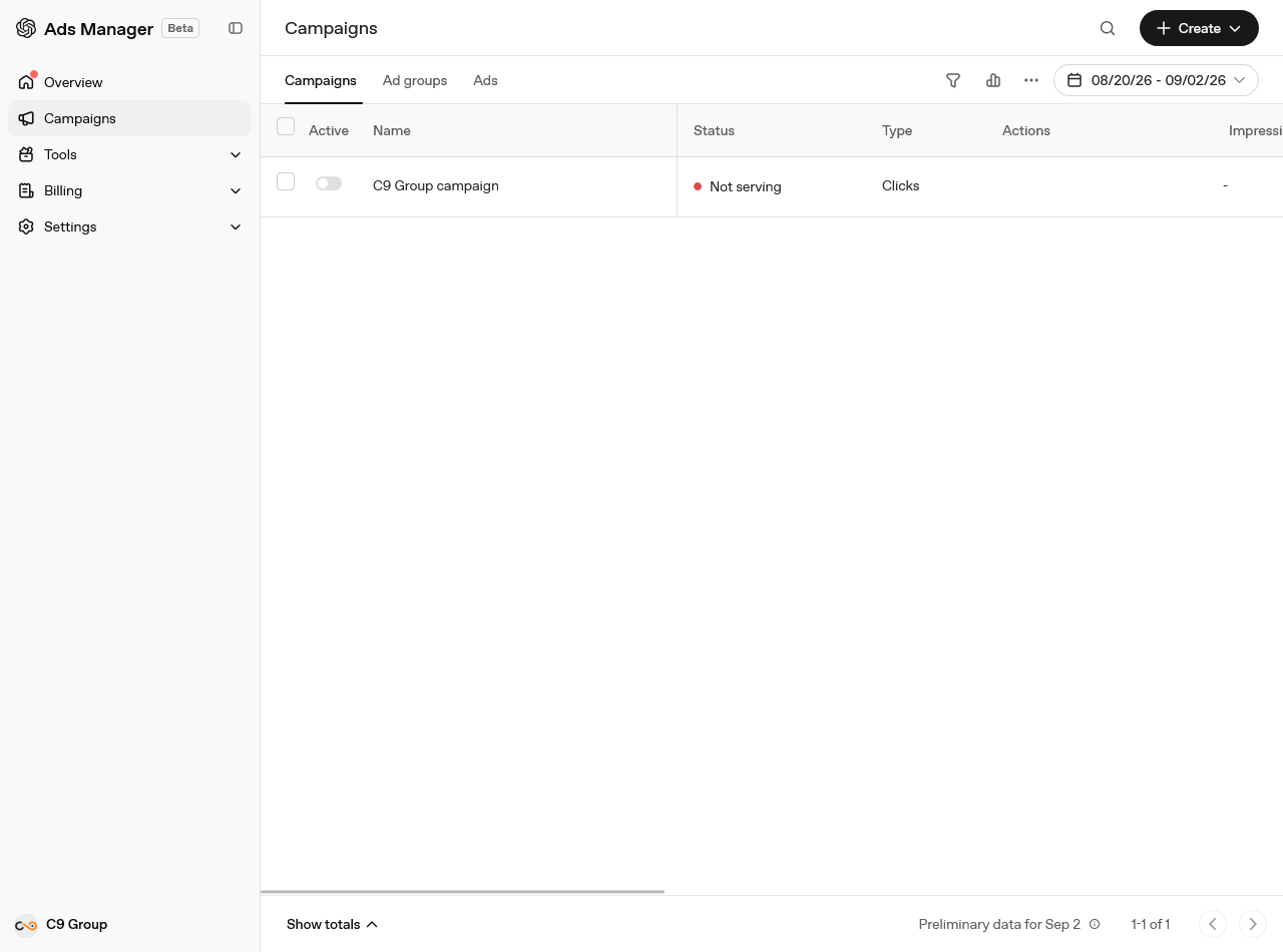 OpenAI Ads Manager La tabella delle campagne in OpenAI Ads Manager Beta