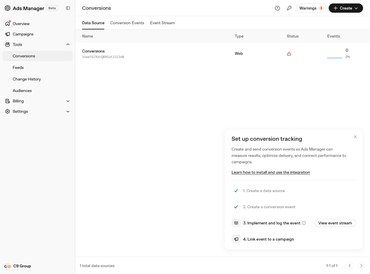 Configurazione del tracciamento conversioni La schermata Conversions sotto Tools, con la lista in quattro passi del tracciamento conversioni