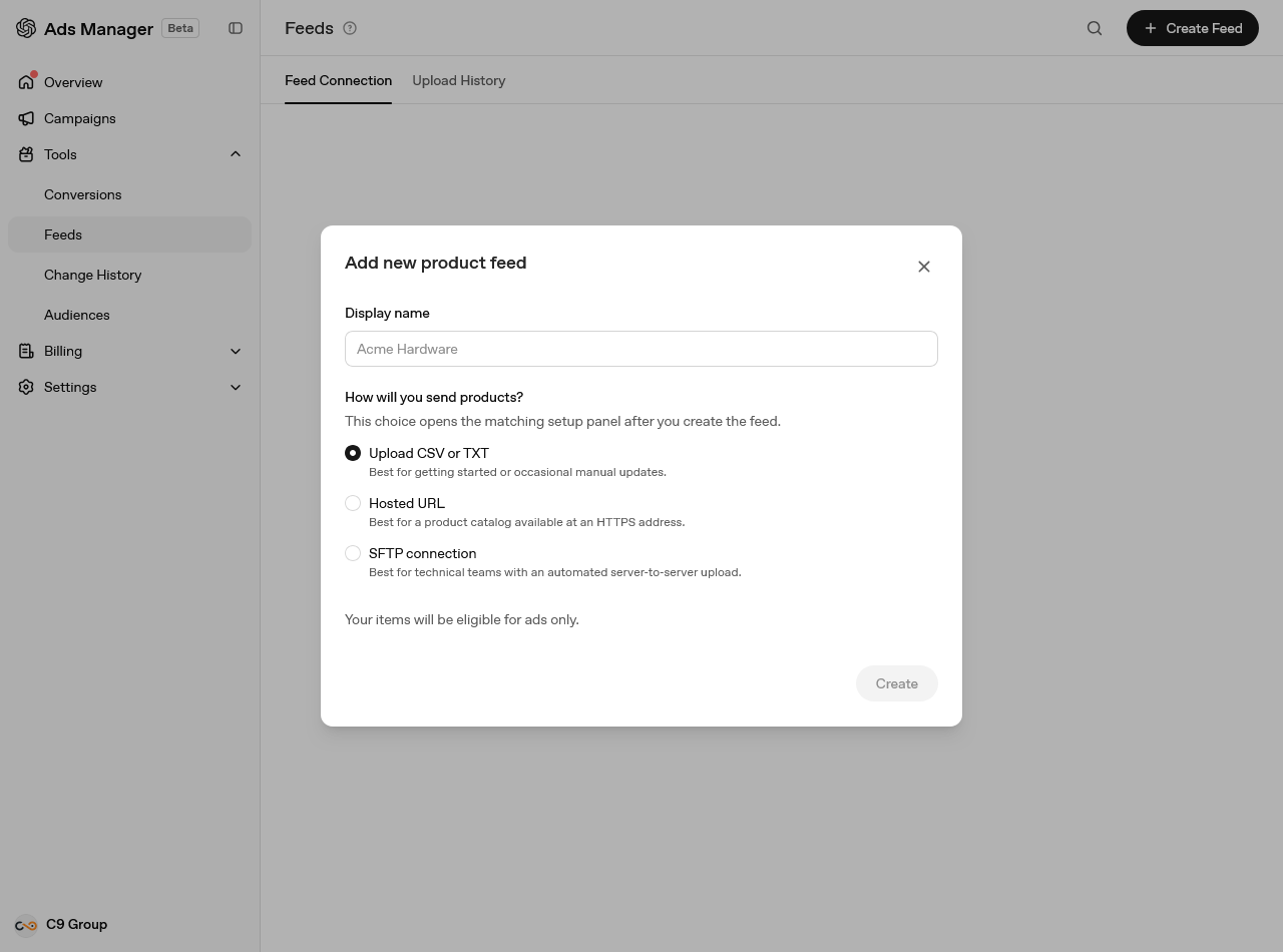 Configurazione del feed prodotti La finestra per aggiungere un feed prodotti: caricamento CSV o TXT, URL ospitato e connessione SFTP