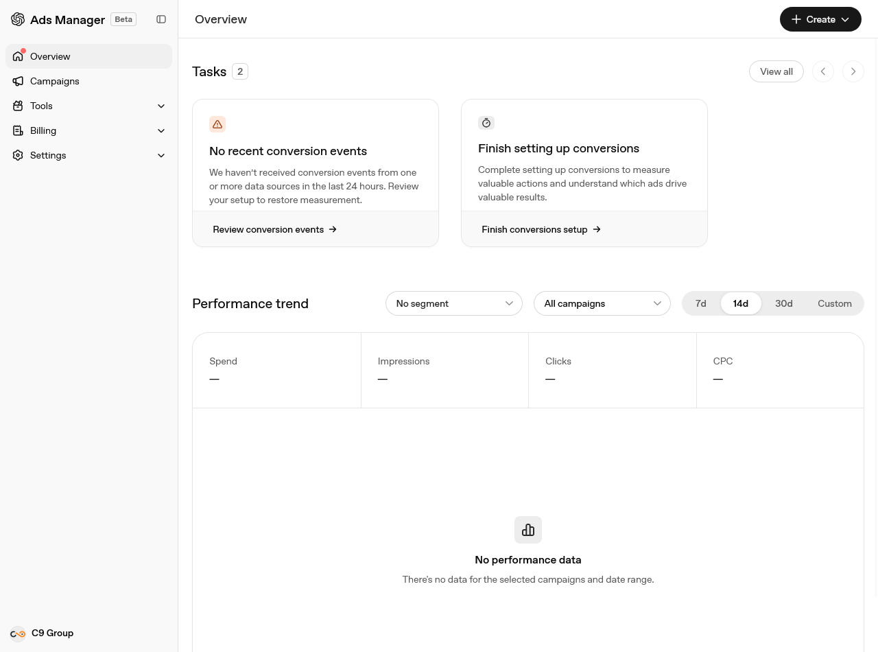 Panoramica di Ads Manager La schermata Overview di OpenAI Ads Manager Beta, con le attività e l'andamento delle prestazioni