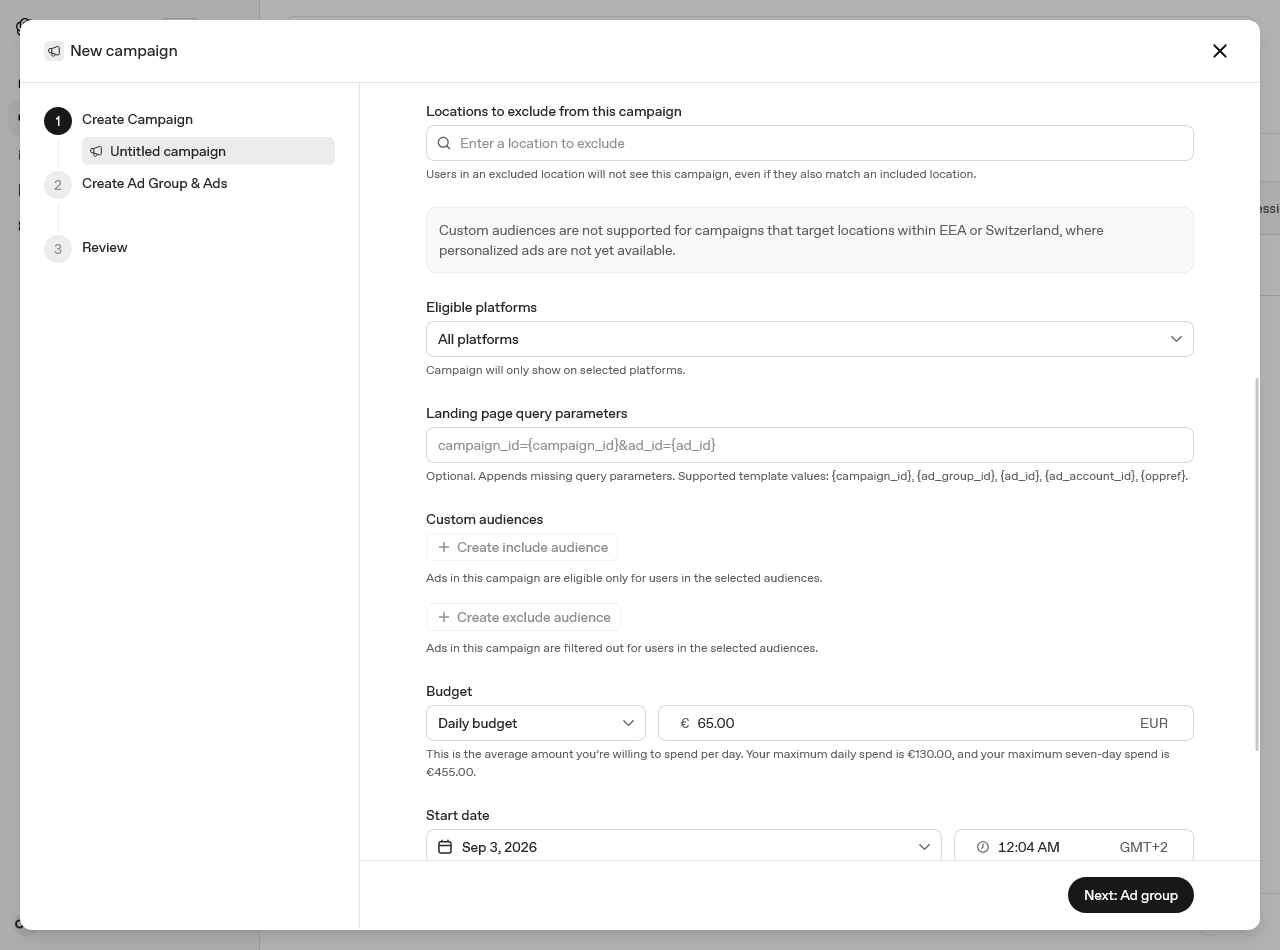 Piattaforme, pubblici e budget Targeting per piattaforma, parametri URL, pubblici personalizzati e il campo budget